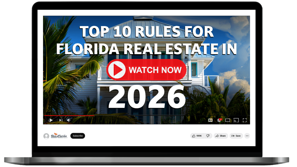 A laptop displaying a video thumbnail titled 'Top 10 Rules for Florida Real Estate in 2026' with a prominent 'Watch Now' button and tropical plants in the foreground.