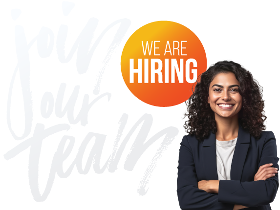 A smiling woman with curly hair stands confidently, next to bold text that reads 'Join Our Team' and a circular graphic stating 'We Are Hiring'.