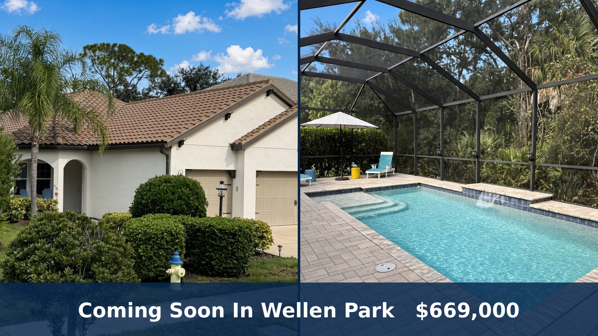 Front and pool of 1608 Still River Drive, a coming soon home in Grand Palm, Wellen Park, Venice, FL 34293, priced at $669,000.