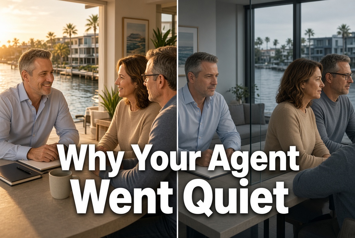 Split image showing a real estate agent and clients in warm conversation on the left and separated by a barrier on the right, with the title “Why Your Agent Went Quiet."